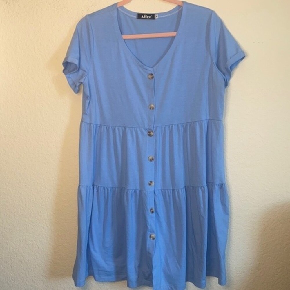 women baby doll tiered blue dress peasant button down front M lagen cottage